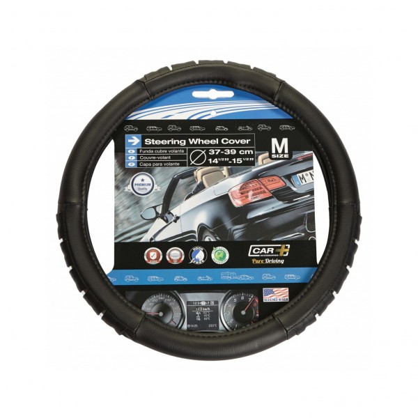 Funda de Volante Transpirable efecto Piel y Color Negra y detalles de Silver, Universal para Volnates 37-39cm diametro