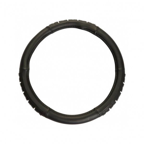 Funda de Volante Transpirable efecto Piel y Color Negra y detalles de Silver, Universal para Volnates 37-39cm diametro