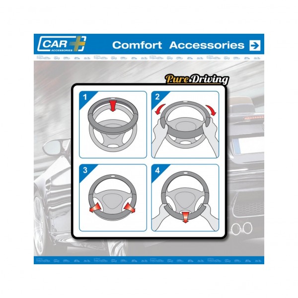 Funda de Volante Transpirable efecto Piel y Color Negra y detalles de Silver, Universal para Volnates 37-39cm diametro